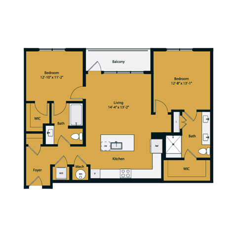 Floor plan for 2 beds, 2 baths, 1146 sqft